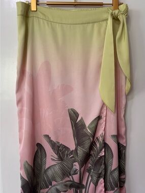 Rachel Zoe| Pink Ombre Satin Skirt w/Tropical Leaf Print & Waist Tie Sz M
